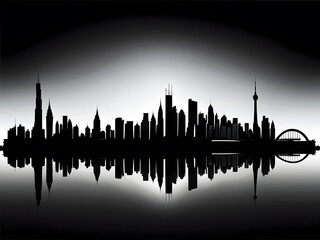 Night panorama of a big city by the river in side view, illustrated in black and white silhouette art. Version 2