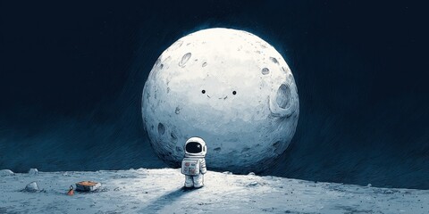 A small astronaut gazing at a large moon.