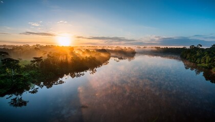 Fototapeta premium beautiful sunrise over the amazon rainforest with mist rising from calm waters