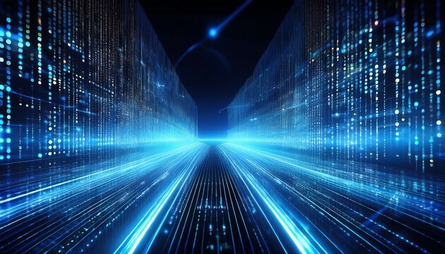 blue binary code background with glowing lights and data flowing technology concept