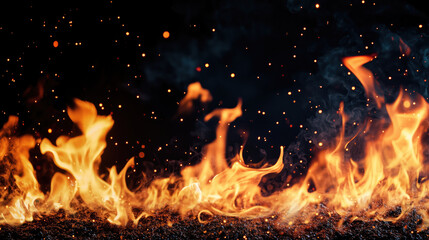 Fiery inferno with orange and yellow flames against a dark background, sparks and embers flying