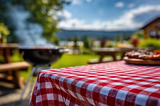 Backyard barbecue picnic. Outdoor grill, red checkered tablecloth on table