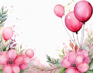 watercolor floral border with pink balloons for birthday or celebration design