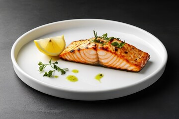 Grilled salmon fillet served with fresh lemon and herbs on a white plate, showcasing a delicious and healthy meal.