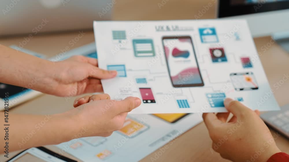 Poster panorama video of startup company employee planning on user interface prototype for mobile applicati