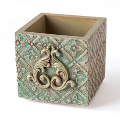 Candlestick cube in mix media style with white tea candle. Handiwork. Handmade square pot pot and cactus.