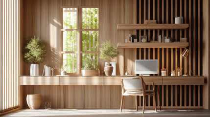 Sunlit minimalist home office with wooden desk, shelves, plants, and a comfortable chair near a large window