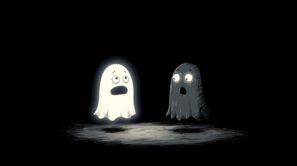 Two ghostly figures in a dark scene, illuminated by light.