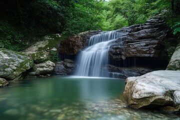 Obraz premium Cascading waterfall in a lush forest (1)
