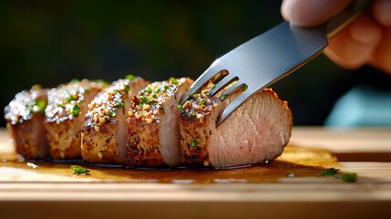 Sliced Steak Being Pierced with Fork