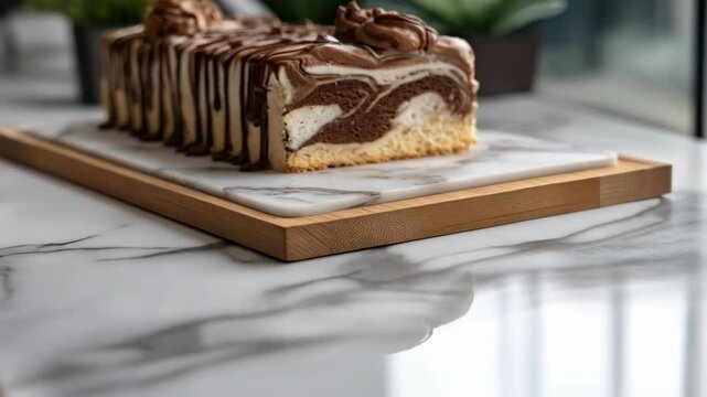 Delicious marbled chocolate cake with icing drizzle presented on a serving board atop a marble countertop in a kitchen setting.
