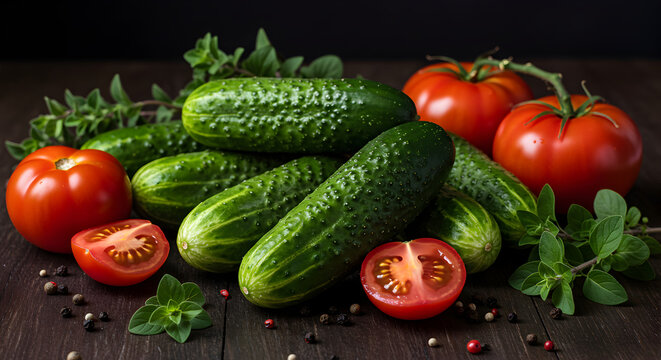 Freshly Picked Cucumbers And Tomatoes On Dark Wooden Surface