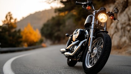 Black motorcycle parked on a mountain road at dusk with scenic view for travel