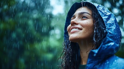 Joyful woman embracing the refreshing rain, smiling with pure happiness outside