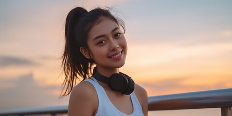 Woman smiling with headphones outdoors at sunset for health or fitness article