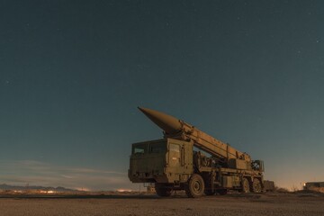 Military missile launcher under starry night sky in desert landscape