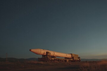 Military missile launcher under starry night sky in desert landscape