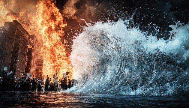 Polycrisis: layered photo of protest, flood, inflation chart and wildfire in single frame