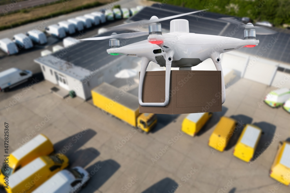 Poster drone with a package. unmanned delivery concept