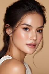 Obraz premium Portrait of an Asian woman with makeup on a neutral backdrop for beauty campaign
