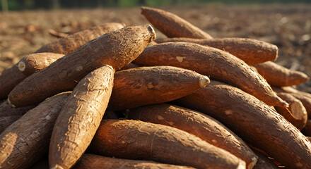 Harvested Cassava Roots Displayed in Abundance at a Tropical Farm Field