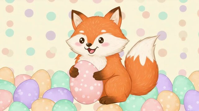 Adorable Fox with Easter Eggs - A cute cartoon fox sits amidst pastel-colored Easter eggs, holding a large pink and white egg. The background features a soft yellow pattern with pastel polka dots.