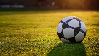 close up of a soccer ball resting on a green field with open space surrounding it for text overlay