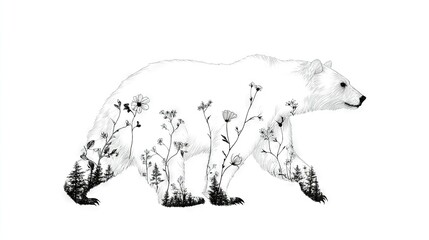  Bear in Wildflower Field with Pine Tree