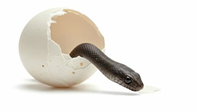 Baby Snake Hatching from Egg - A newborn snake emerges from a cracked eggshell, its head and part of its body visible. The scene is set against a clean white background