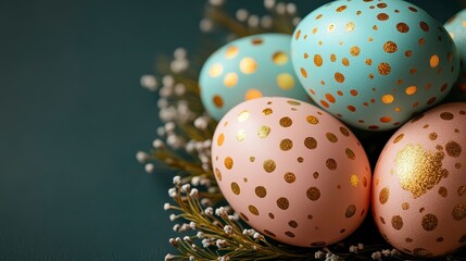 Obraz premium Polka-dotted eggs, blue & pink with gold spots, nestled amidst delicate white floral sprays on a dark background