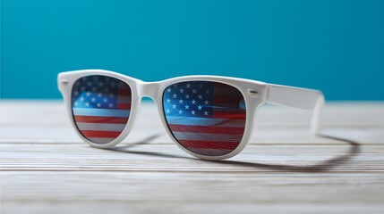 White sunglasses with American flag lenses on a wooden surface set against a blue background. Perfect for patriotic and summer themes. 4th of July Independence day concept