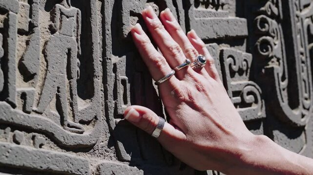 Woman gently tracing intricate stone bas relief, connecting with ancient civilization's rich cultural heritage through delicate touch and profound curiosity