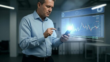 Businessman Analyzing Stock Market Data on Smartphone - A mature businessman in a light blue shirt uses his smartphone to review a holographic projection of stock market data - Powered by Adobe