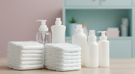 Baby diapers and skincare products for newborn babies essential care and hygiene necessities set up at home