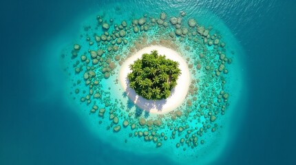 Secluded tropical island with lush greenery and pristine beaches surrounded by crystal-clear ocean waters. Ideal for luxury retreats, island escapes, and nature-focused travel