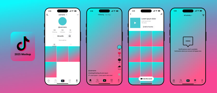 TikTok UI mockup template featuring video player, like, comment, share buttons, feed layout, profile page, and recording screen. Mobile app interface for short video content. Vector illustration.