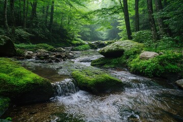 Obraz premium Misty forest stream. Lush greenery, flowing water over rocks