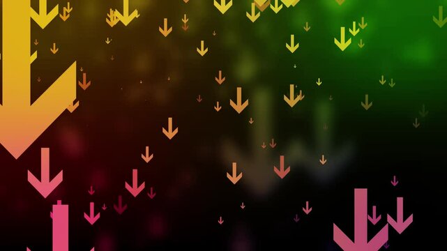 Abstract Downward Arrows on Dark Background, Abstract background with downward arrows in orange and red tones on a dark gradient backdrop