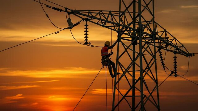 Electrician Working on High Voltage Power Line at Sunset - A silhouette of an electrician working on a tall metal electricity pylon during a vibrant sunset.  The worker is harnessed and secured while