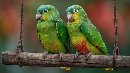   Two clear parrots perched on a branch, facing each other against a sharp background