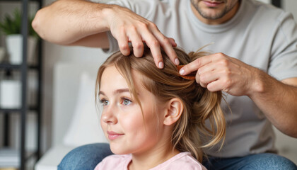 Fototapeta premium Dad brushing daughter's hair lovingly in a cozy room 