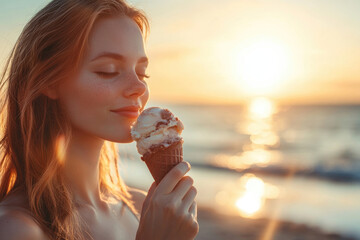 Woman enjoying ice cream sunset beach
