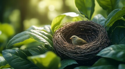 Bird sits in a nest amongst green leaves