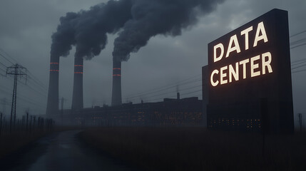 Data center contrasting with the environmental impact of power generation, highlighting the need for sustainability in technology infrastructure.