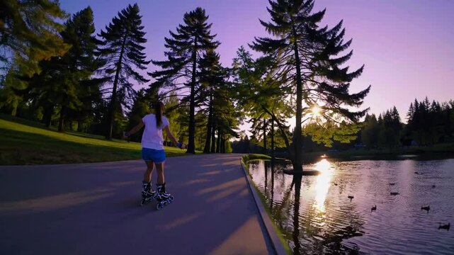 Young woman rollerblading on a path next to a lake at sunset, enjoying the outdoors and exercising