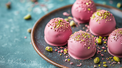 Obraz premium Close up pink dessert treats on plate