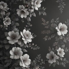 Charcoal grey floral wallpaper, delicate blossom print, art, minimal, surface pattern