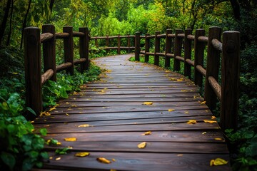 Obraz premium Wooden path through forest