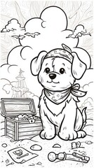Outlined dog in a bandana, treasure chest, and pirate scene.