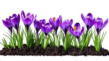 Spring Crocus flowers in vibrant purple, emerging from rich soil